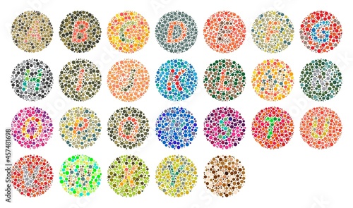Vector graphic of color blind test. Ishihara Test daltonism color blindness disease perception test letter blindness test set. vector eps10. photo