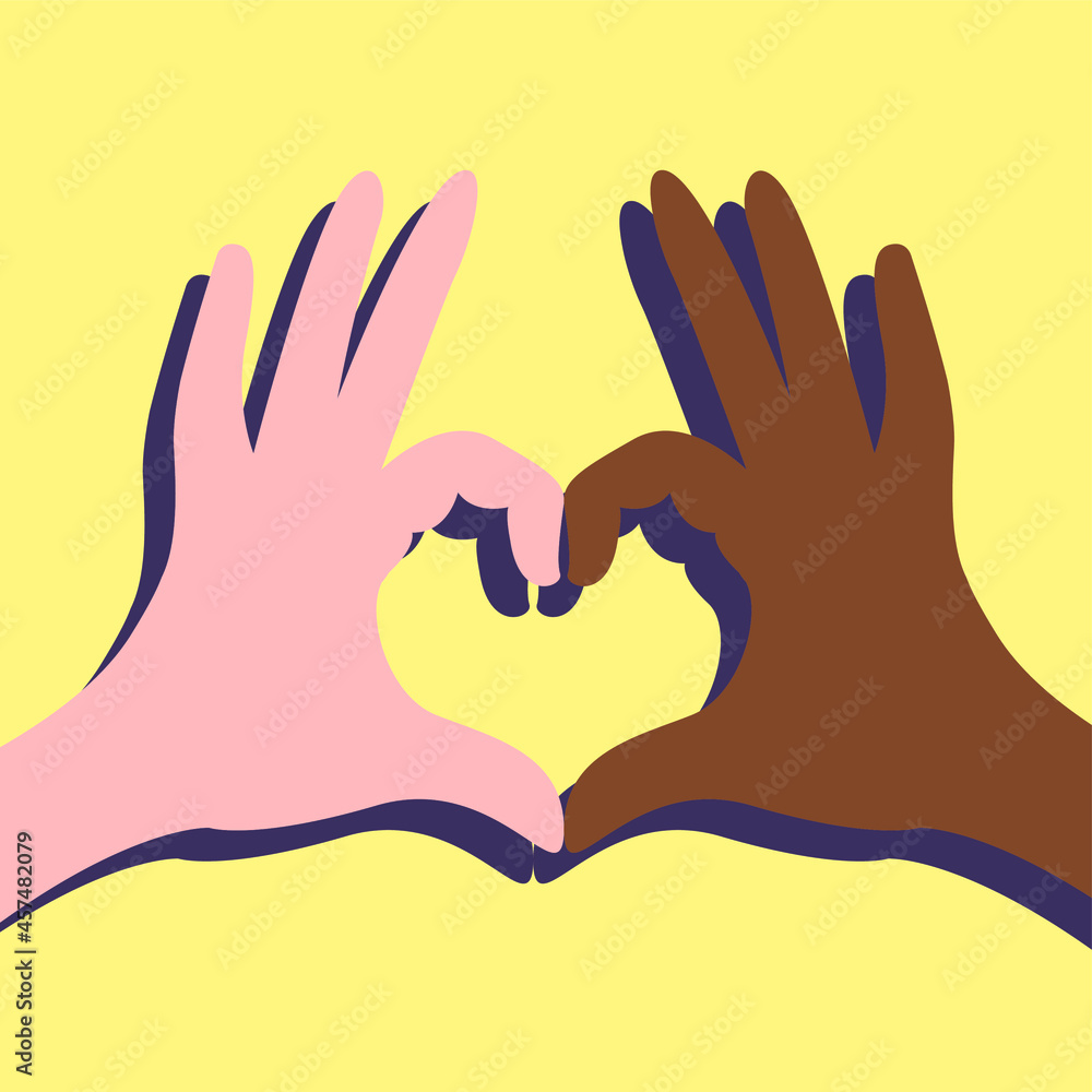 Obraz premium vector illustration on the theme of tolerance, loyalty to people of a different race.two hands of a treasury skin color, folded in the shape of a heart.stop racism.useful for poster, print, propaganda