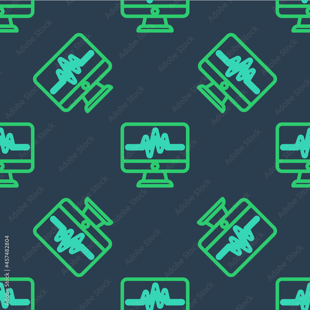 Line Computer monitor with cardiogram icon isolated seamless pattern on blue background. Monitoring icon. ECG monitor with heart beat hand drawn. Vector Line Computer monitor with cardiogram icon isolated seamless pattern on blue background. Monitoring icon. ECG monitor with heart beat hand drawn. Vector