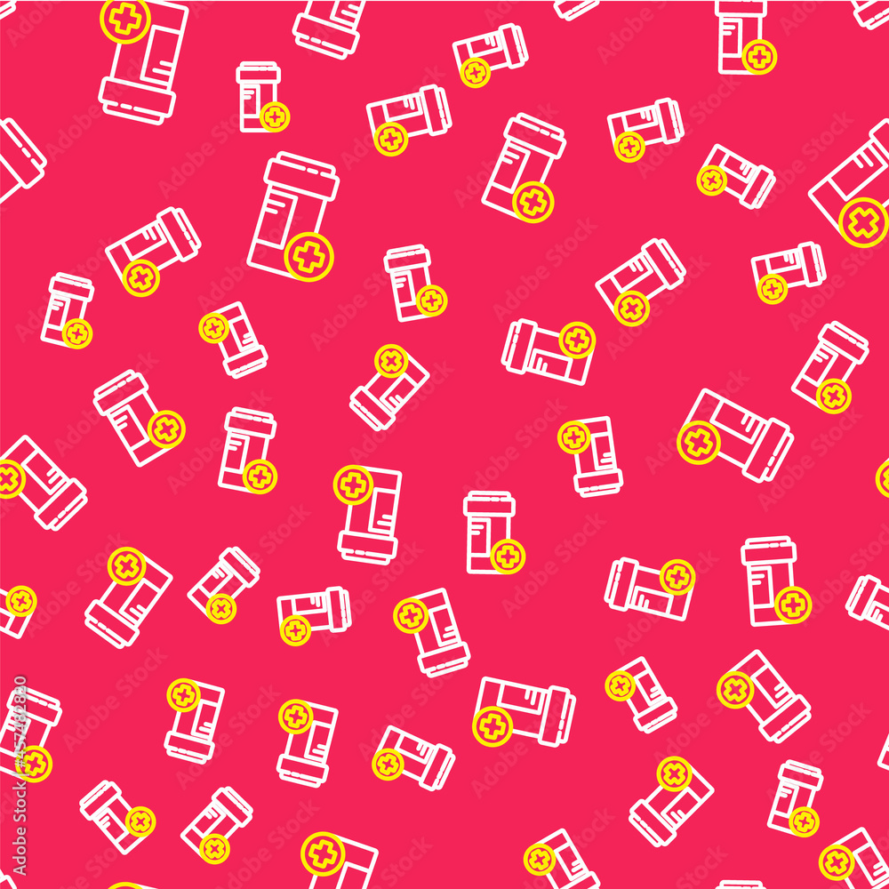 Line Medicine bottle icon isolated seamless pattern on red background. Bottle pill sign. Pharmacy design. Vector Line Medicine bottle icon isolated seamless pattern on red background. Bottle pill sign. Pharmacy design. Vector