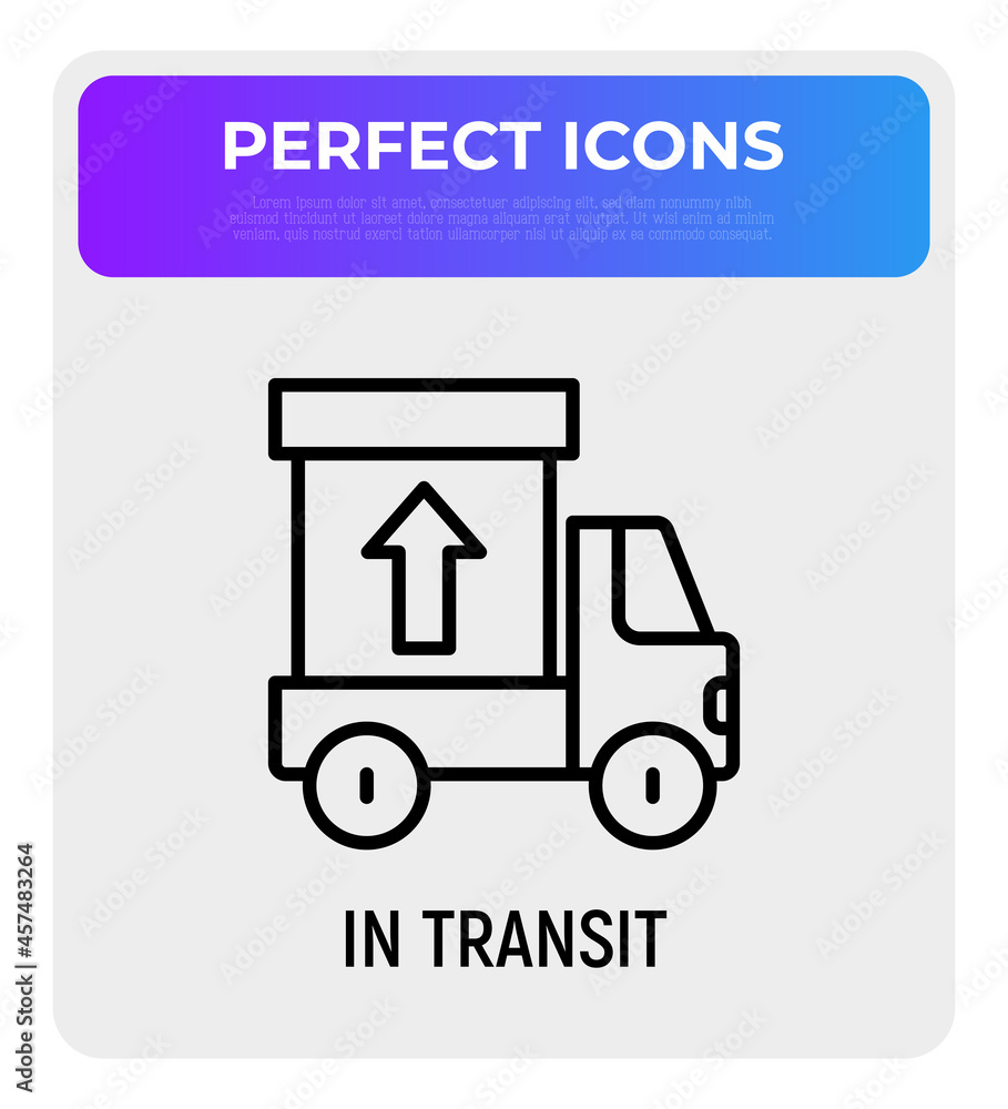 Cargo delivery service in transit thin line icon, truck with box. Logo for logistic company. Modern vector illustration. Cargo delivery service in transit thin line icon, truck with box. Logo for logistic company. Modern vector illustration.