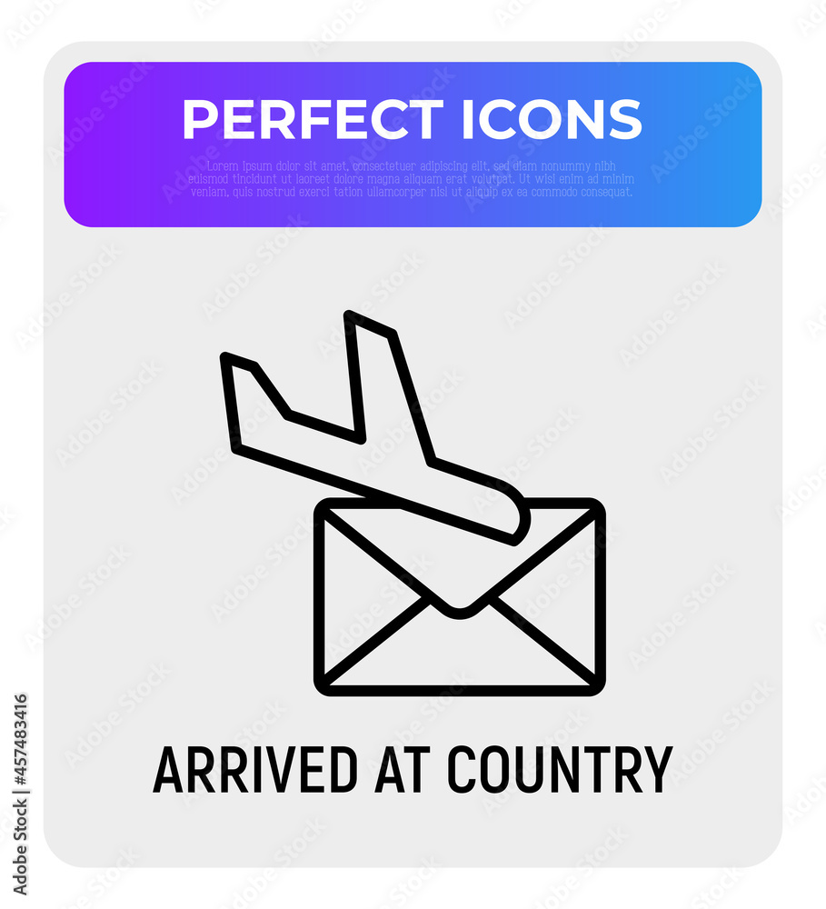 Avia delivery thin line icon, arrived at country sign. Plane and envelope. Modern vector illustration. Avia delivery thin line icon, arrived at country sign. Plane and envelope. Modern vector illustration.