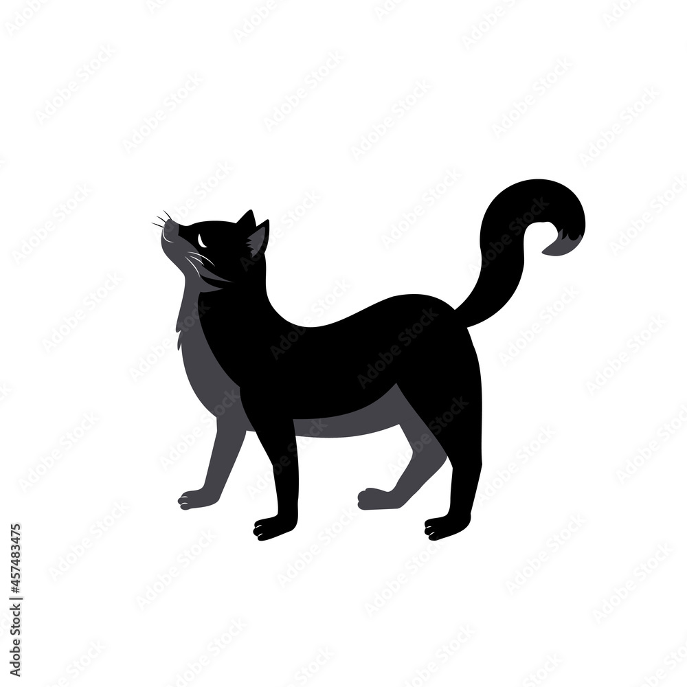 Black cat with curved back and raised tail. Festive animal decoration for Halloween, autumn holiday and design
