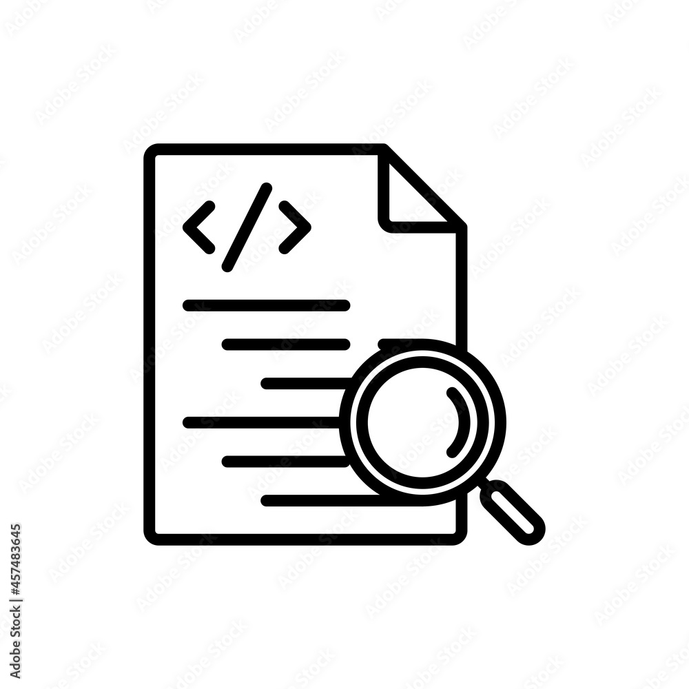 Testing software, code with magnifying glass thin line icon. Modern vector illustration. Testing software, code with magnifying glass thin line icon. Modern vector illustration.