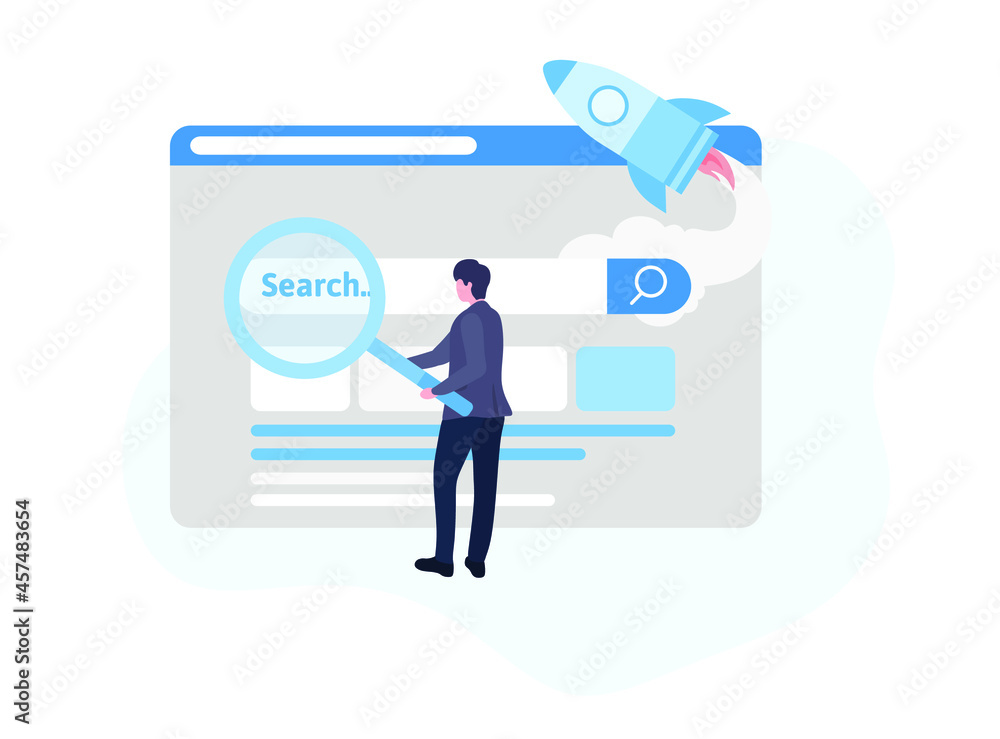 A man is holding a large magnifying glass at the search page. SEO, Search Engine Optimization, Top ranking Concept. Vector flat illustration A man is holding a large magnifying glass at the search page. SEO, Search Engine Optimization, Top ranking Concept. Vector flat illustration