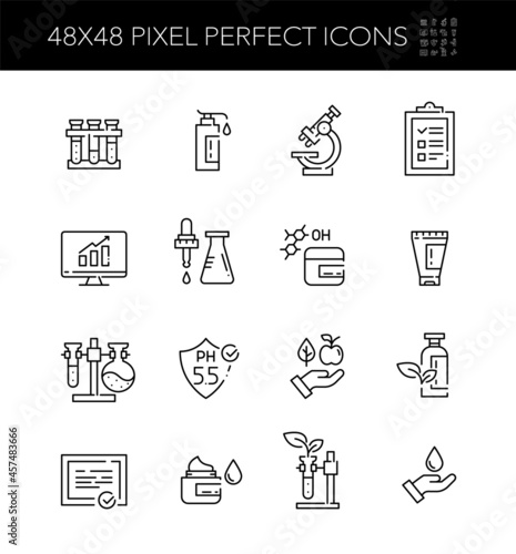 Cosmetics manufacturing and research icons. Ph 5.5, lab analysis, green eco type, quality certificate and others. Pixel perfect, editable stroke