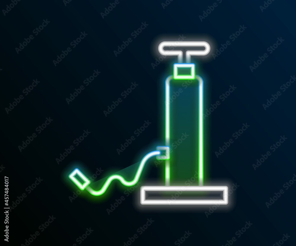 Obraz premium Glowing neon line Car air pump icon isolated on black background. Colorful outline concept. Vector