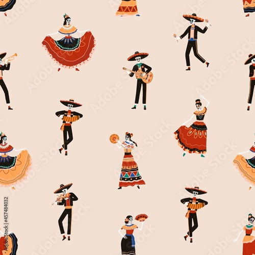 Seamless Mexican pattern for Day of Dead with people. Repeating background for Mexico Death holiday with skeletons playing music and woman dancing. Colored flat vector illustration for printing