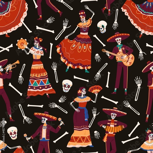Seamless pattern of Mexican Day of Dead with skulls, skeletons with guitars and catrinas on black background. Repeating texture for Mexico Death holiday. Colored flat vector illustration for printing