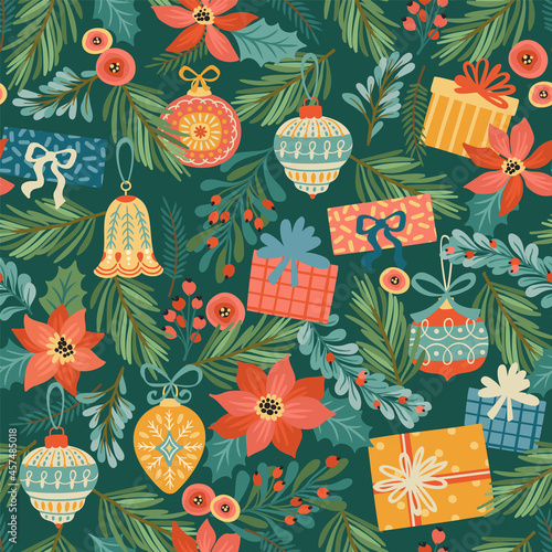 Christmas and Happy New Year seamless pattern with Christmas decorations, flowers and gifts. Vector design
