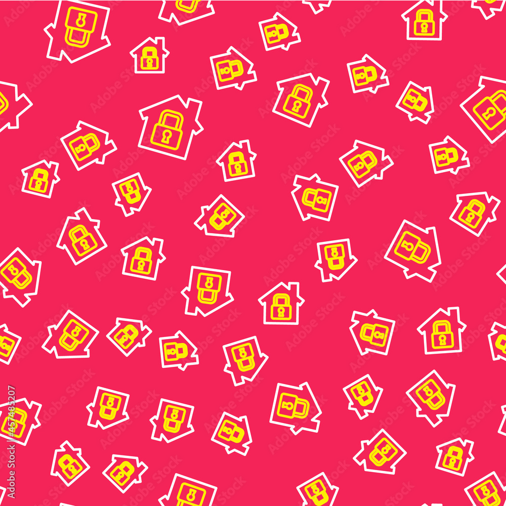 Line House under protection icon isolated seamless pattern on red background. Home and lock. Protection, safety, security, protect, defense concept. Vector Line House under protection icon isolated seamless pattern on red background. Home and lock. Protection, safety, security, protect, defense concept. Vector
