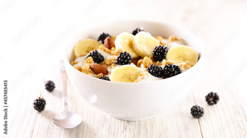 muesli, milk and fresh fruits muesli, milk and fresh fruits