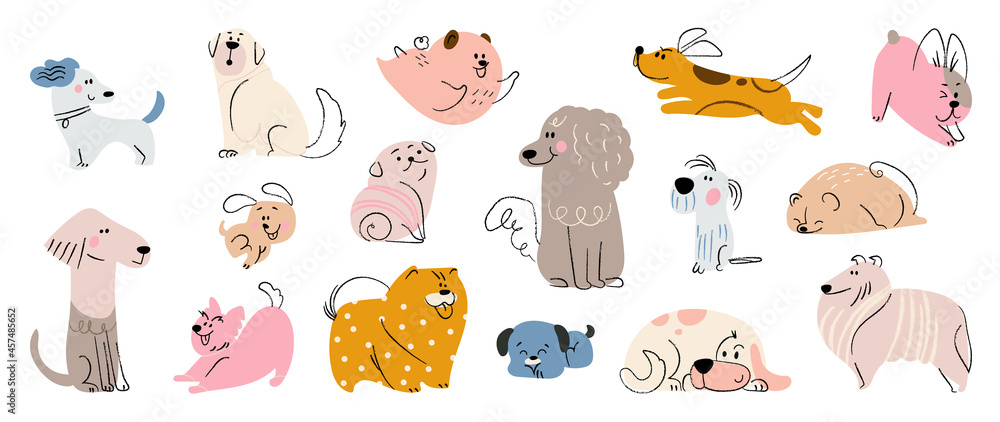 Fototapeta Cute dogs doodle vector set. Cartoon dog or puppy characters design collection with flat color in different poses. Set of funny pet animals isolated on white background.