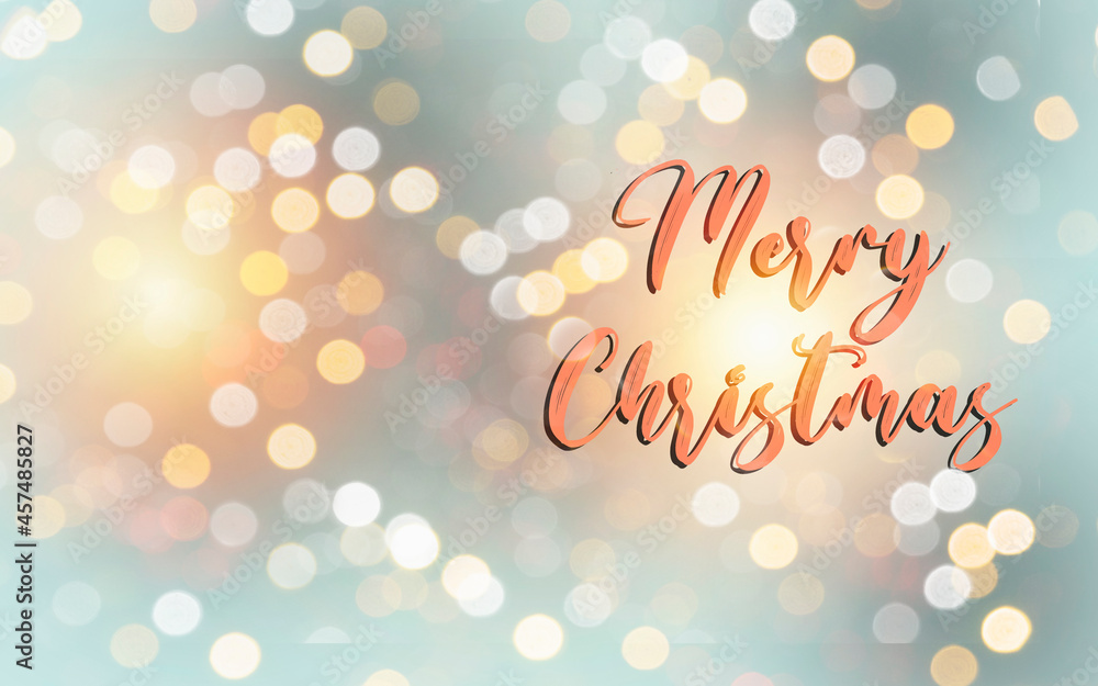 white, yellow and blue Abstract Bokeh Background with Merry Christmas text