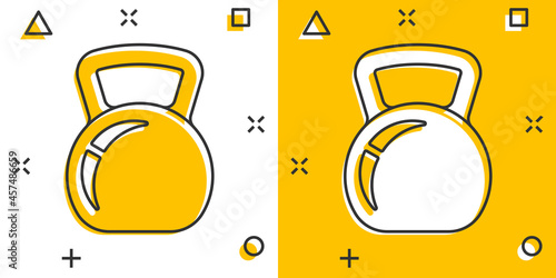 Kettlebell icon in comic style. Barbell sport equipment cartoon vector illustration on white isolated background. Dumbbell splash effect business concept.