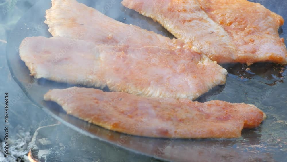 Closeup of turkey fillets frying in a barbecue wok pan. Picnic and preparing meal on a camp fire. Closeup of turkey fillets frying in a barbecue wok pan. Picnic and preparing meal on a camp fire.