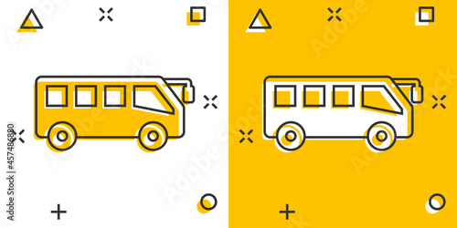 Bus icon in comic style. Coach cartoon vector illustration on white isolated background. Autobus vehicle splash effect business concept.