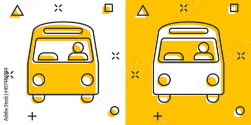 Bus icon in comic style. Coach cartoon vector illustration on white isolated background. Autobus vehicle splash effect business concept.