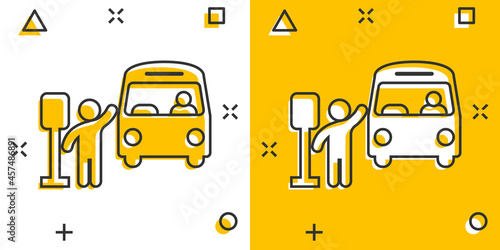 Bus station icon in comic style. Auto stop cartoon vector illustration on white isolated background. Autobus vehicle splash effect business concept.