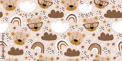 Cute vector seamless pattern with bears, clouds, stars, rainbows on beige background. Kids doodle illustrations. Cute bear in eyeglasses, animals, kids unisex textile design, boys