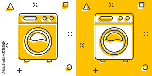 Washing machine icon in comic style. Washer cartoon vector illustration on white isolated background. Laundry splash effect business concept.