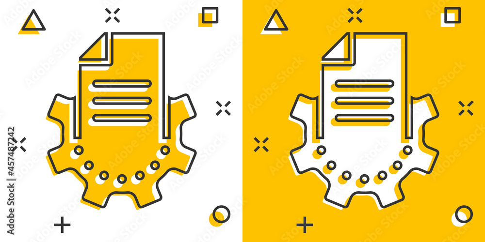 Fototapeta premium Document with gear icon in comic style. Big data processing cartoon vector illustration on white isolated background. Paper sheet software splash effect solution business concept.