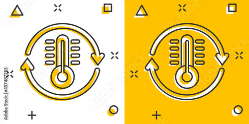 Thermometer climate control icon in comic style. Meteorology balance cartoon vector illustration on white isolated background. Hot, cold temperature splash effect business concept.