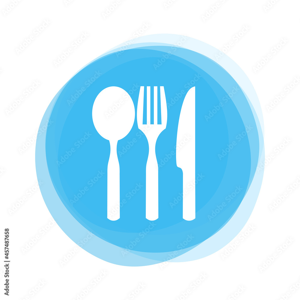 Weißes Besteck auf hellblauem Button: Restaurant und Essen Weißes Besteck auf hellblauem Button: Restaurant und Essen