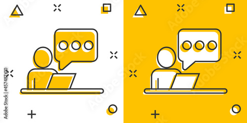 People with laptop computer icon in comic style. Pc user cartoon vector illustration on white isolated background. Office manager splash effect business concept.