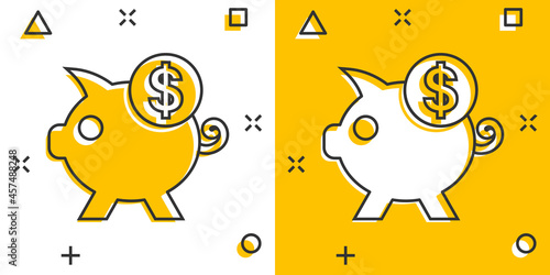 Money box icon in comic style. Pig container cartoon vector illustration on white isolated background. Piggy bank splash effect business concept.
