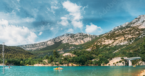 People Floating On Catamarans On The St Croix Lake In The Gorges Du Verdon In South-eastern France.