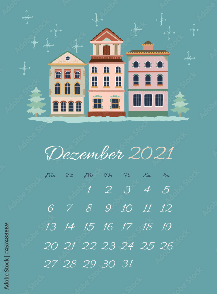 December calendar 2021 for German speakers. Winter is coming. Christmas holidays vector background. 