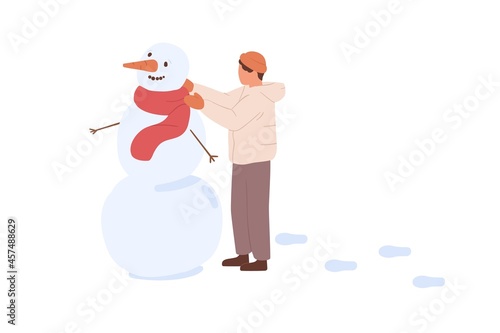 Child making snowman with carrot and twigs, putting scarf on hime. Kid playing outdoors on winter holidays. Boy having fun in wintertime. Flat vector illustration isolated on white background