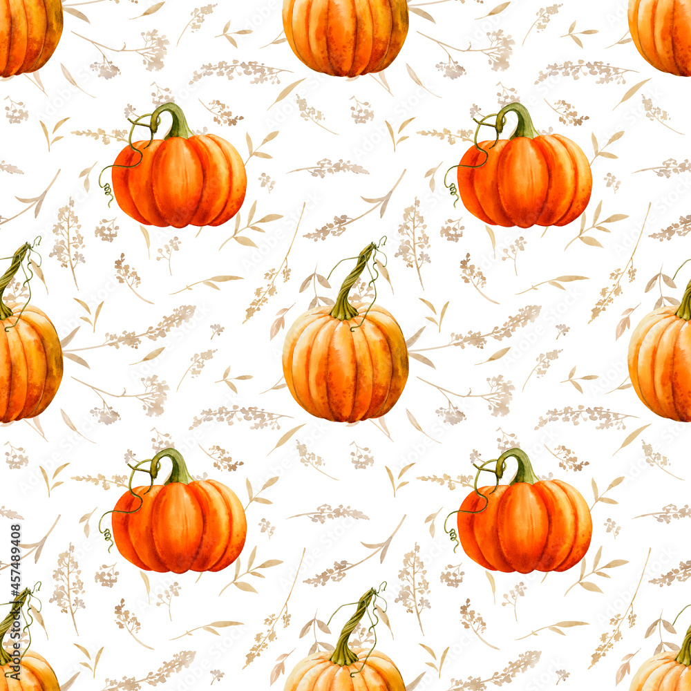 Seamless pattern with bright beautiful pumpkins and twigs on a white background. Watercolor illustration. Seamless pattern with bright beautiful pumpkins and twigs on a white background. Watercolor illustration.