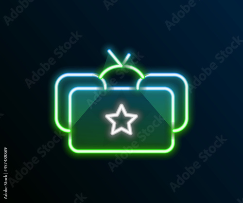 Glowing neon line Ushanka icon isolated on black background. Russian fur winter hat ushanka with star. Soviet Union uniform of KGB and NKVD. Colorful outline concept. Vector