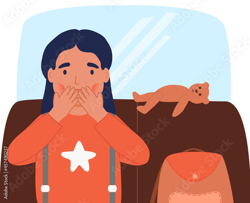 Sick in the car. Girl, child in the back seat of a car. Feeling unwell, nausea, vomiting, motion sickness. The child covered his mouth with his hands, vomiting. Feeling unwell while driving. Vector