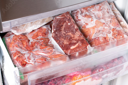 Freezer Filled with Meat and meat frozen products. Meat Frozen in Plastic Bags Food Reserve Stored for Food Preparation.