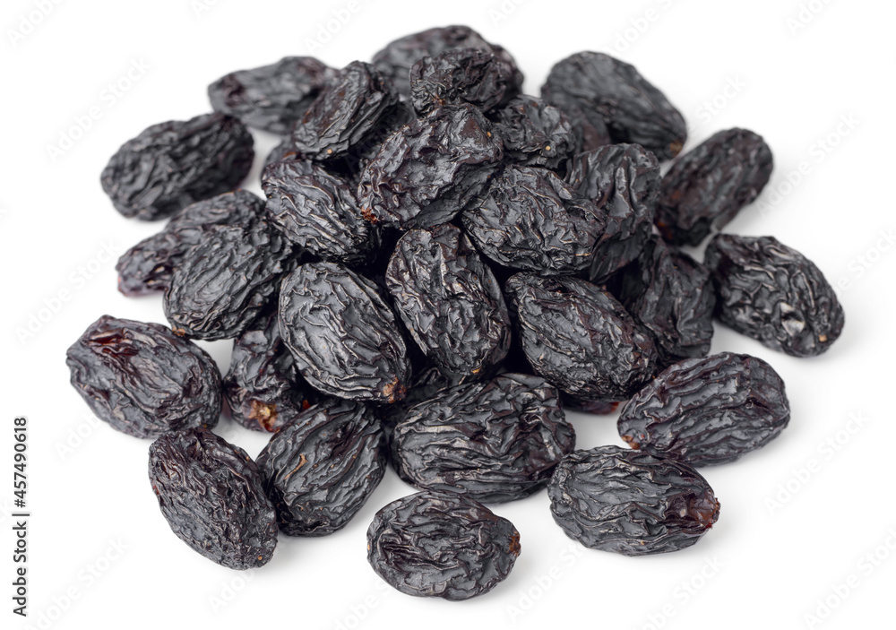 close up of black raisins isolated on white background close up of black raisins isolated on white background