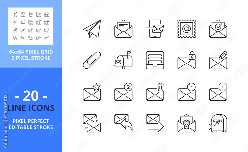 Line icons about about email. Technology and communication concept. Pixel perfect 64x64 and editable stroke