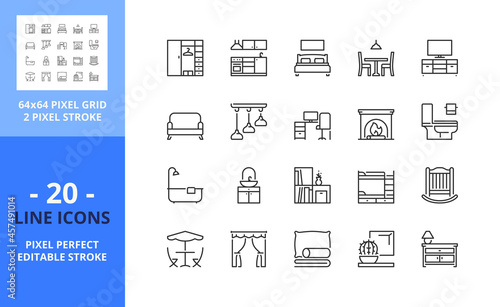 Line icons about furniture. Pixel perfect 64x64 and editable stroke