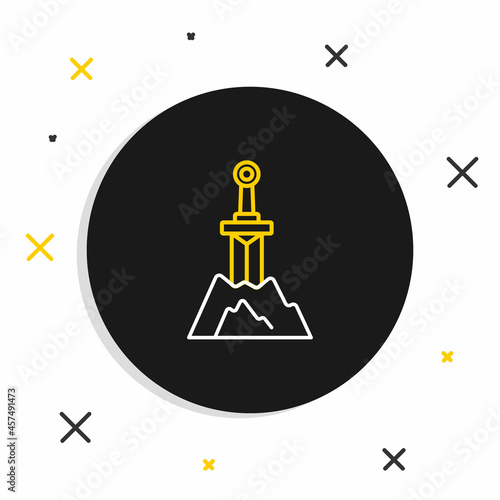 Line Sword in the stone icon isolated on white background. Excalibur the sword in the stone from the Arthurian legends. Colorful outline concept. Vector