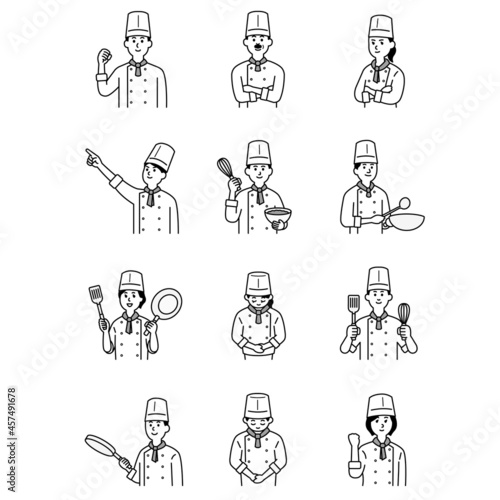 調理師さんのイラスト上半身 一色、モノクロ