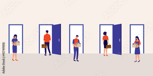 Hiring And Dismissal Concept. Employees Walking In And Out Of The Door, Some Were Leaving Their Job And Some Were Being Hired At The Same Time.