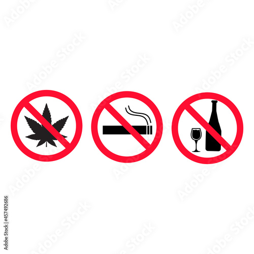 Set of prohibiting signs on white background. do not smoke, no alcohol, no drugs symbol. prohibition of alcoholic beverages sign. No Hemp logo. flat style. 