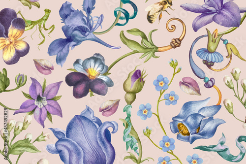 Aesthetic purple floral pattern vector on pink background, remixed from artworks by Pierre-Joseph Redouté