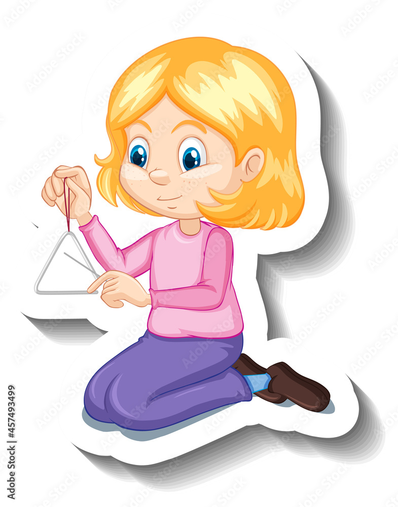 Cartoon character sticker girl playing triangle musical instrument Cartoon character sticker girl playing triangle musical instrument