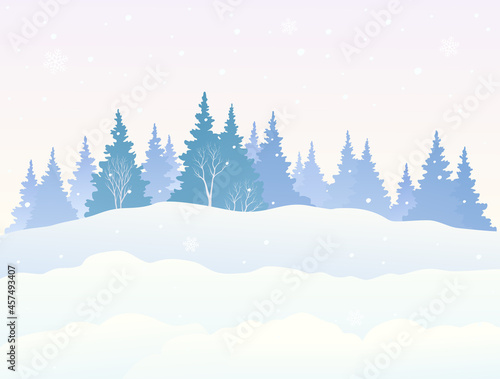 Snowy woods landscape, winter forest background