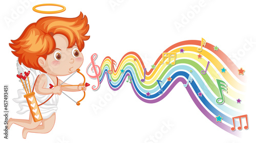 Cupid holding bow and arrow with melody symbols on rainbow wave