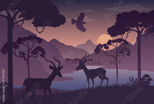 Silhouette twilight forest landscape background