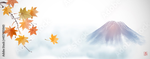 Autumn foliage on the wind and blue Fujiyama mountain. Traditional Japanese ink wash painting sumi-e. Hieroglyph - wind